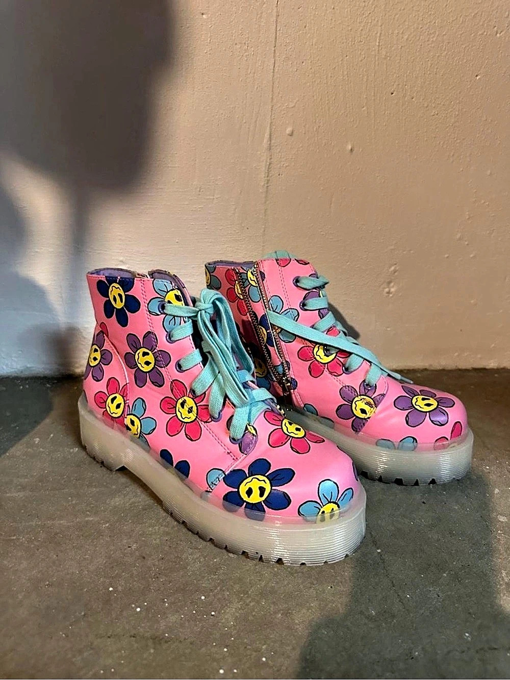 YRU Slayr Dayz Pink Daisy Smiley Face Lace Up Combat Boots